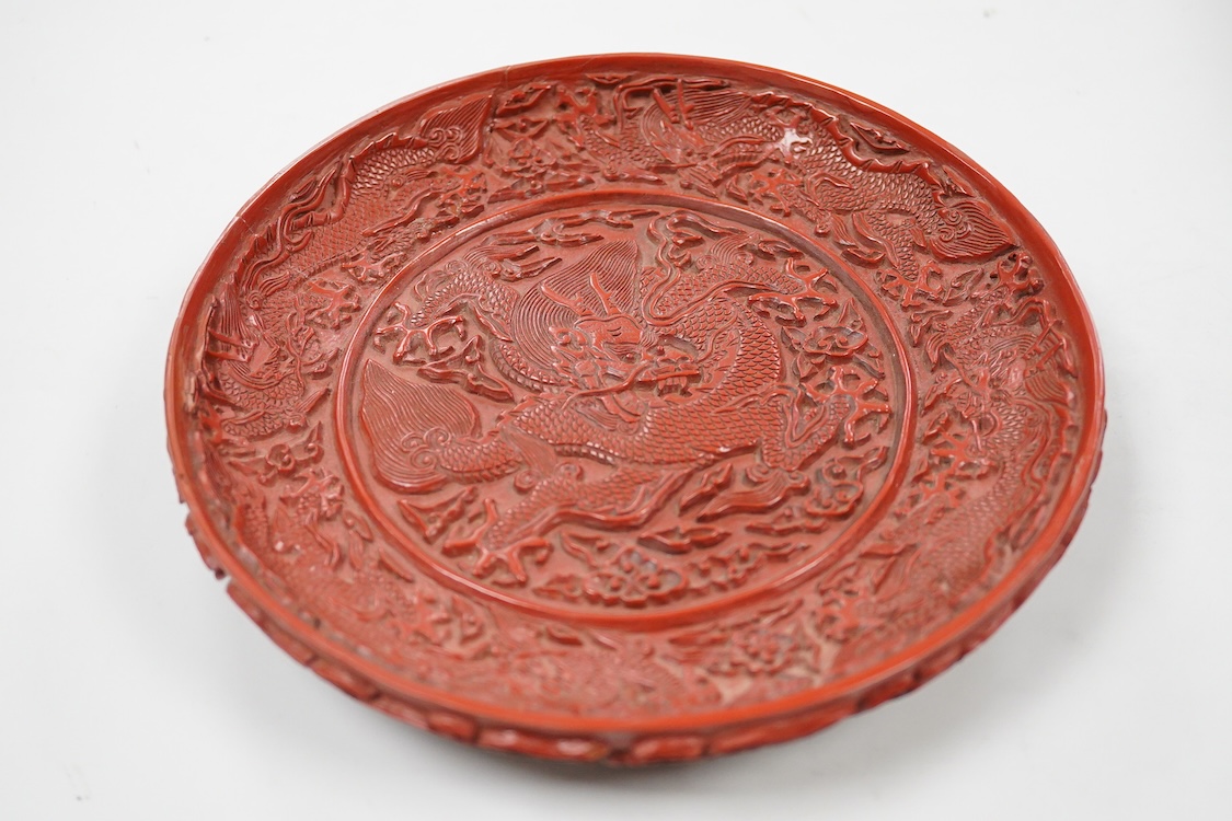 A Chinese cinnabar lacquer 'dragon' dish, signed to the base, 19cm in diameter
